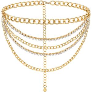 FIORETTO Chain Belt for Women Metal Waist Chain Fashion Multilayer Chain Belts for Dress(Multi-rhinestone-gold)
