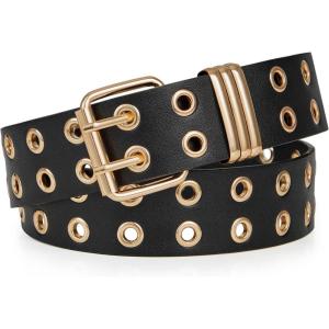 FIORETTO Grommet Leather Belt with Detachable Chain Women Men Punk Rock Waist Belts for Jeans Pants(Double Gold-grommet(no Chain))
