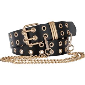 FIORETTO Grommet Leather Belt with Detachable Chain Women Men Punk Rock Waist Belts for Jeans Pants(Double Grommet (With Gold Chain))