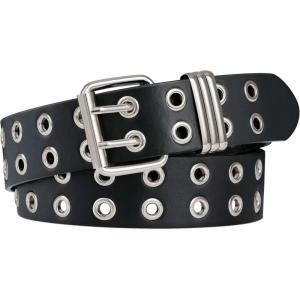FIORETTO Grommet Leather Belt with Detachable Chain Women Men Punk Rock Waist Belts for Jeans Pants(Double Silver-grommet(no Chain))