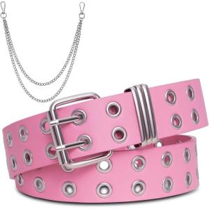 FIORETTO Grommet Leather Belt with Detachable Chain Women Men Punk Rock Waist Belts for Jeans Pants(Pink Double Grommet(with Silver Chain))