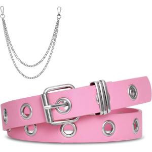 FIORETTO Grommet Leather Belt with Detachable Chain Women Men Punk Rock Waist Belts for Jeans Pants(Pink Single Grommet(with Silver Chain))