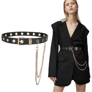 FIORETTO Grommet Leather Belt with Detachable Chain Women Men Punk Rock Waist Belts for Jeans Pants(Single Grommet(with Gold Chain))