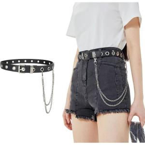 FIORETTO Grommet Leather Belt with Detachable Chain Women Men Punk Rock Waist Belts for Jeans Pants(Single Grommet(with Silver Chain))