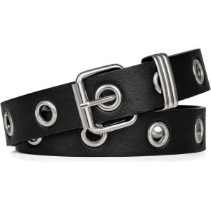 FIORETTO Grommet Leather Belt with Detachable Chain Women Men Punk Rock Waist Belts for Jeans Pants(Single Silver-grommet (No Chain))