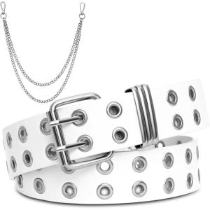 FIORETTO Grommet Leather Belt with Detachable Chain Women Men Punk Rock Waist Belts for Jeans Pants(White Double Grommet(with Silver Chain))