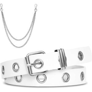 FIORETTO Grommet Leather Belt with Detachable Chain Women Men Punk Rock Waist Belts for Jeans Pants(White Single Grommet(with Silver Chain))