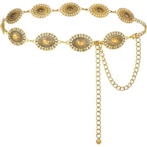 FIORETTO Metal Waist Chain Link Belt for Women Western Cowgirl Boho Turquoise Belts for Dress Jeans Country Concert Outfit(Gold-24)