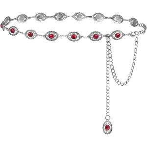 FIORETTO Metal Waist Chain Link Belt for Women Western Cowgirl Boho Turquoise Belts for Dress Jeans Country Concert Outfit(Red-silver-19)