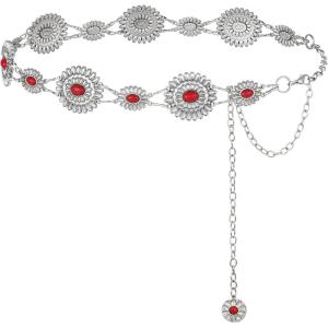 FIORETTO Metal Waist Chain Link Belt for Women Western Cowgirl Boho Turquoise Belts for Dress Jeans Country Concert Outfit(Red-silver-23)