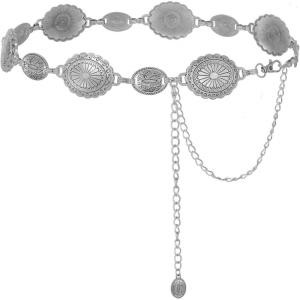 FIORETTO Metal Waist Chain Link Belt for Women Western Cowgirl Boho Turquoise Belts for Dress Jeans Country Concert Outfit(Silver-94)