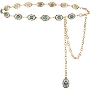 FIORETTO Metal Waist Chain Link Belt for Women Western Cowgirl Boho Turquoise Belts for Dress Jeans Country Concert Outfit(Turquoise-gold-17)