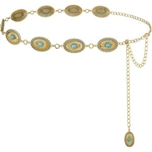 FIORETTO Metal Waist Chain Link Belt for Women Western Cowgirl Boho Turquoise Belts for Dress Jeans Country Concert Outfit(Turquoise-gold-92)