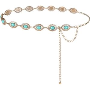 FIORETTO Metal Waist Chain Link Belt for Women Western Cowgirl Boho Turquoise Belts for Dress Jeans Country Concert Outfit(Turquoise-gold-93)