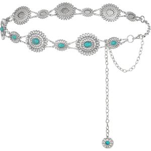 FIORETTO Metal Waist Chain Link Belt for Women Western Cowgirl Boho Turquoise Belts for Dress Jeans Country Concert Outfit(Turquoise-silver-23)