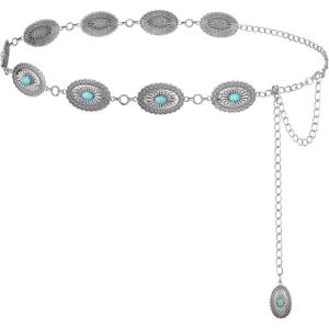 FIORETTO Metal Waist Chain Link Belt for Women Western Cowgirl Boho Turquoise Belts for Dress Jeans Country Concert Outfit(Turquoise-silver-92)