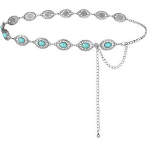 FIORETTO Metal Waist Chain Link Belt for Women Western Cowgirl Boho Turquoise Belts for Dress Jeans Country Concert Outfit(Turquoise-silver-93)