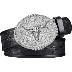 FIORETTO Western Cowboy Belts for Men Women Cowgirl Leather Belt Big Buckle Bull Belt for Jeans(Black & Bright Silver Buckle)