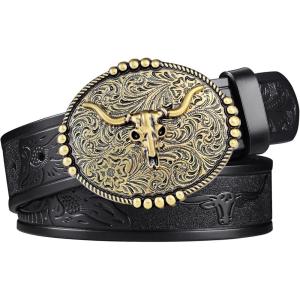 FIORETTO Western Cowboy Belts for Men Women Cowgirl Leather Belt Big Buckle Bull Belt for Jeans(Black & Gold Buckle)