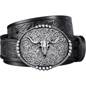 FIORETTO Western Cowboy Belts for Men Women Cowgirl Leather Belt Big Buckle Bull Belt for Jeans(Black & Silver Buckle)