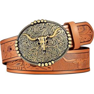 FIORETTO Western Cowboy Belts for Men Women Cowgirl Leather Belt Big Buckle Bull Belt for Jeans(Brown & Gold Buckle)