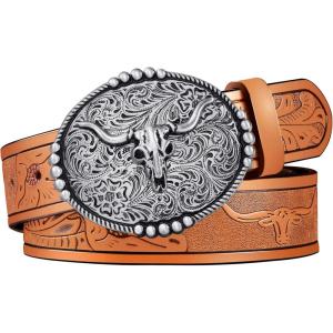 FIORETTO Western Cowboy Belts for Men Women Cowgirl Leather Belt Big Buckle Bull Belt for Jeans(Brown & Silver Buckle)
