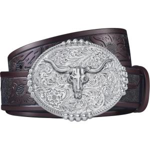 FIORETTO Western Cowboy Belts for Men Women Cowgirl Leather Belt Big Buckle Bull Belt for Jeans(Coffee & Bright Silver Buckle)