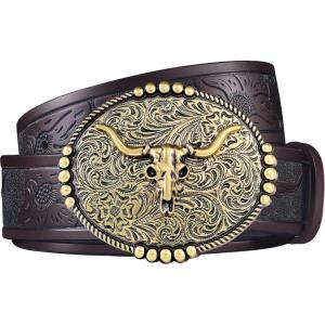 FIORETTO Western Cowboy Belts for Men Women Cowgirl Leather Belt Big Buckle Bull Belt for Jeans(Coffee & Gold Buckle)