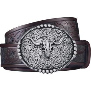 FIORETTO Western Cowboy Belts for Men Women Cowgirl Leather Belt Big Buckle Bull Belt for Jeans(Coffee & Silver Buckle)
