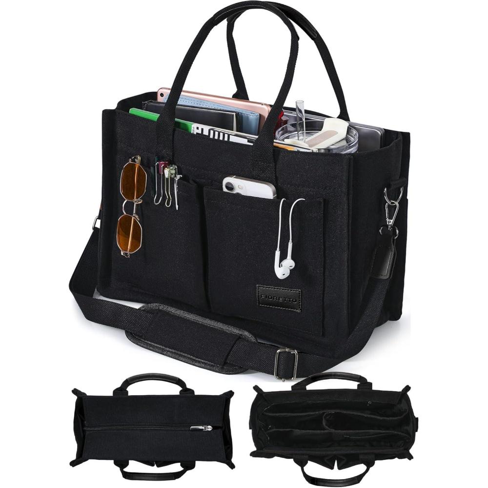 image:imageFIORETTO Canvas Tote Bag for Women with Zipper Closure amp Individual Compartments for Work College for Teacher amp NurseBlack