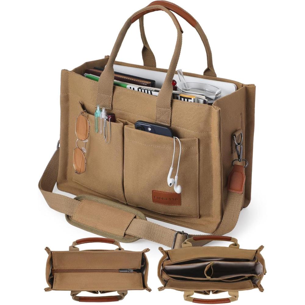 image:imageFIORETTO Canvas Tote Bag for Women with Zipper Closure amp Individual Compartments for Work College for Teacher amp NurseBrown