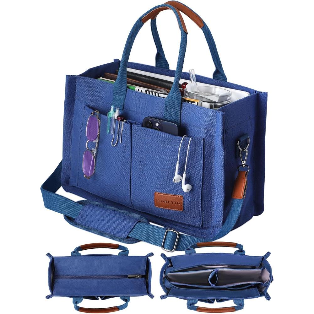 image:imageFIORETTO Canvas Tote Bag for Women with Zipper Closure amp Individual Compartments for Work College for Teacher amp NurseDark Blue