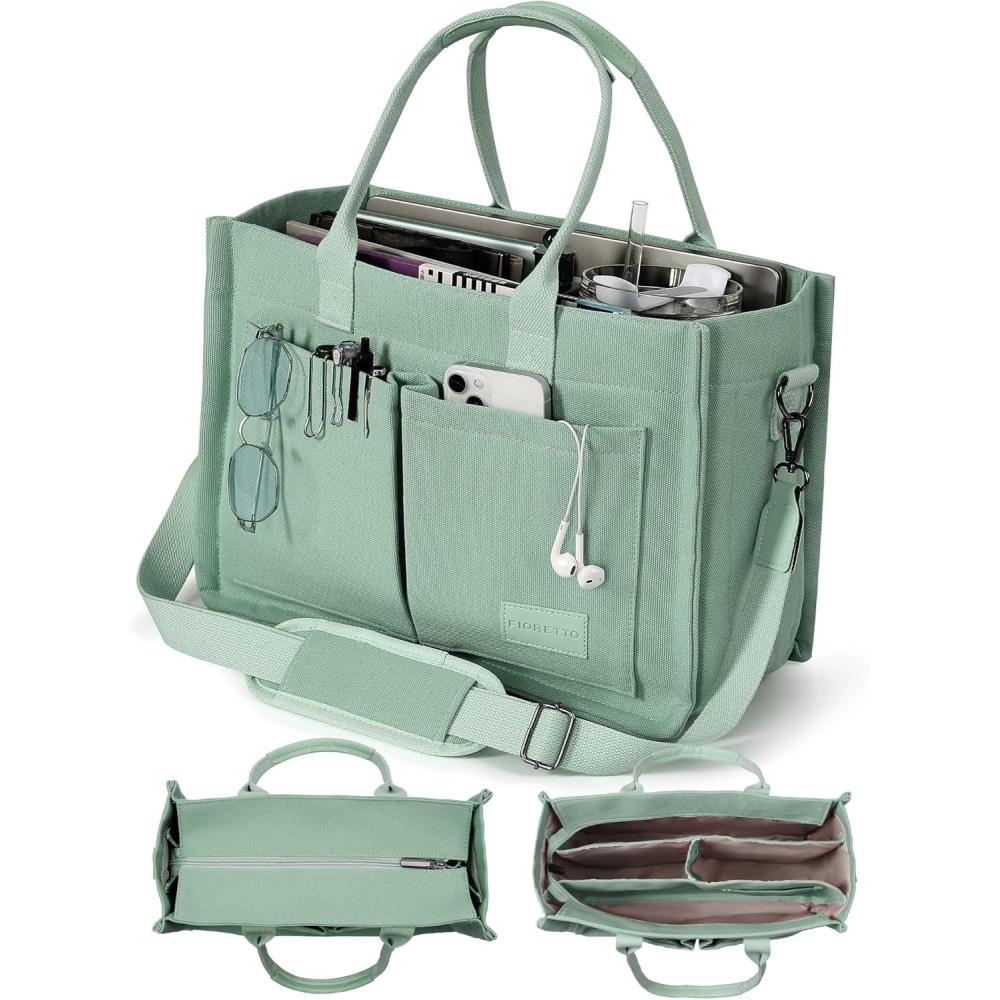 image:imageFIORETTO Canvas Tote Bag for Women with Zipper Closure amp Individual Compartments for Work College for Teacher amp NurseGreen
