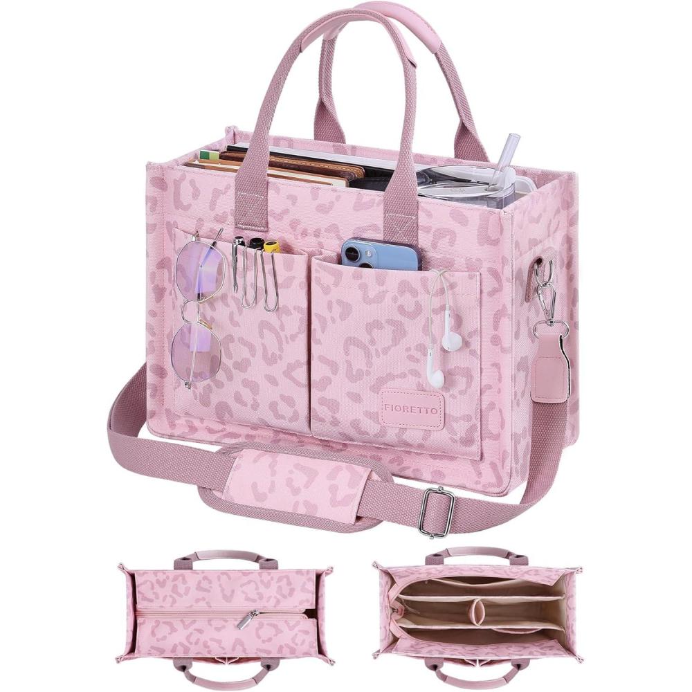 image:imageFIORETTO Canvas Tote Bag for Women with Zipper Closure amp Individual Compartments for Work College for Teacher amp NurseLeopard Blush