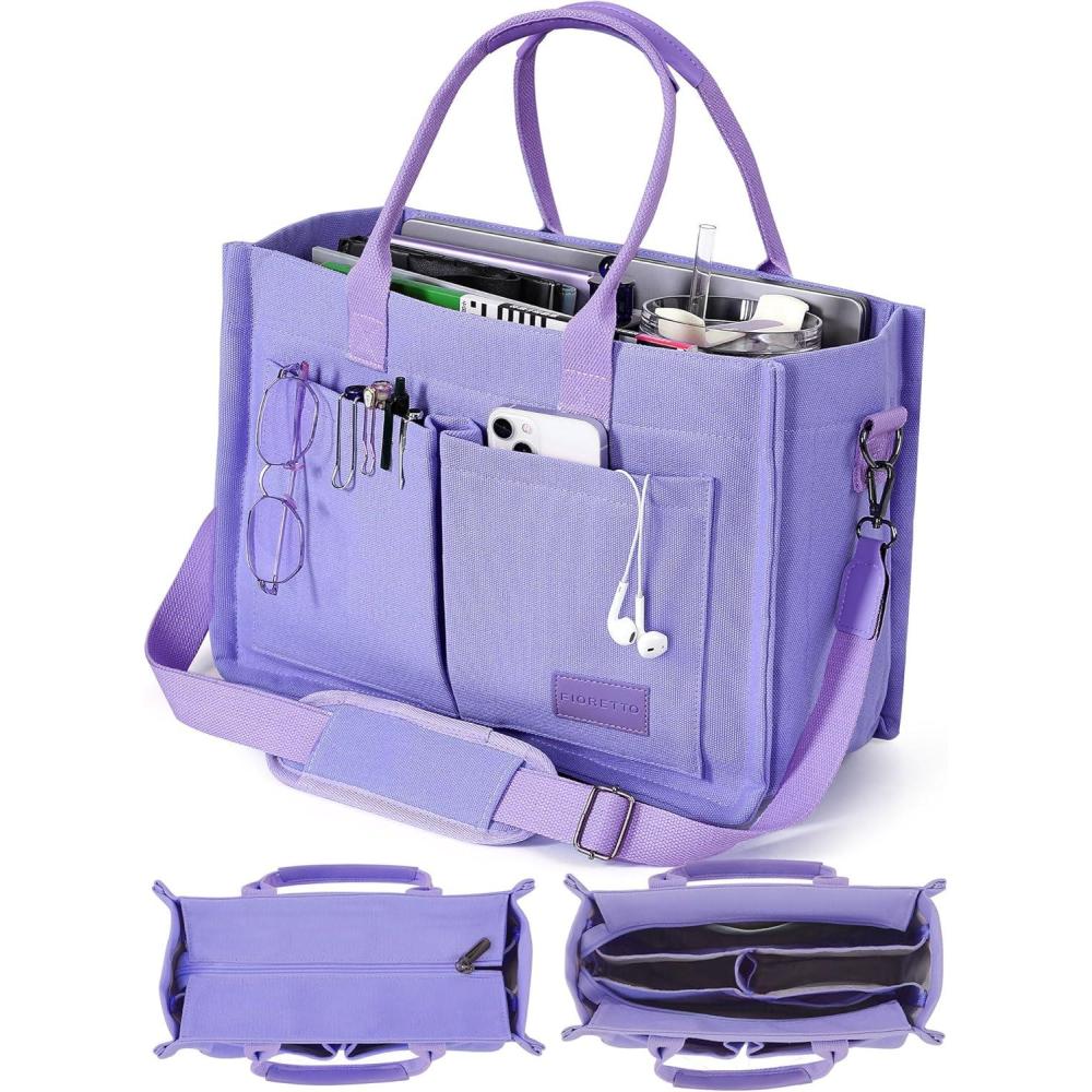 image:imageFIORETTO Canvas Tote Bag for Women with Zipper Closure amp Individual Compartments for Work College for Teacher amp NursePurple