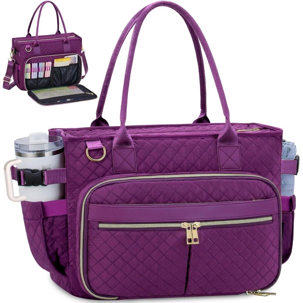 image:imageFIORETTO Teacher Tote Bag for Women with Laptop Compartment Large Cup Holder Zip Closure Ideal for Work Bible NurseGrape