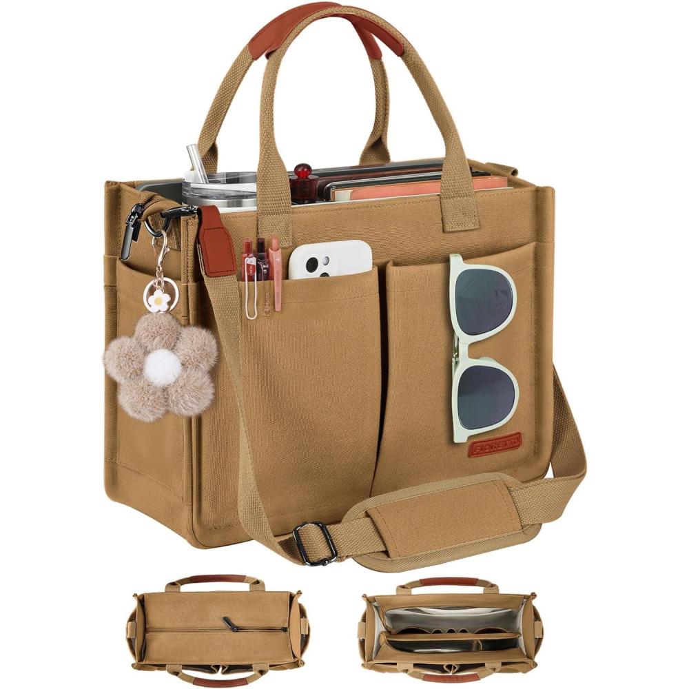 image:imageFIORETTO Womens Canvas Tote Bag Purse with Individual Compartment Zipper Top Reinforced Bottom amp Luggage SleeveKhaki Brown