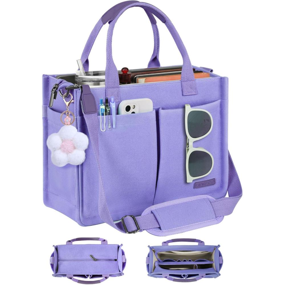 image:imageFIORETTO Womens Canvas Tote Bag Purse with Individual Compartment Zipper Top Reinforced Bottom amp Luggage SleeveLavender Purple