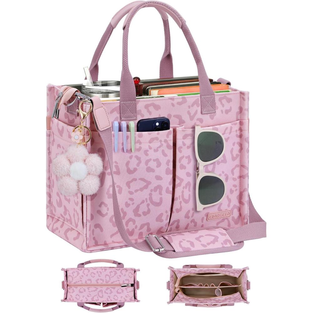 image:imageFIORETTO Womens Canvas Tote Bag Purse with Individual Compartment Zipper Top Reinforced Bottom amp Luggage SleeveLeopard Pink
