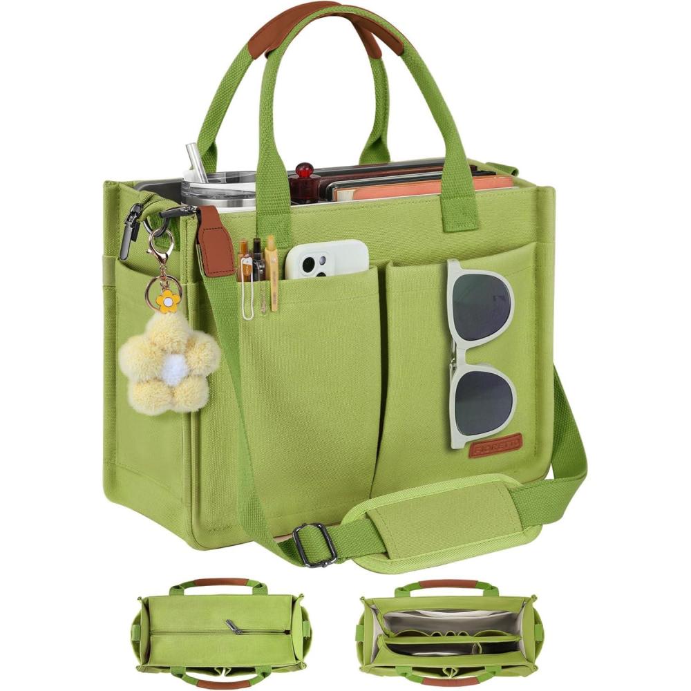 image:imageFIORETTO Womens Canvas Tote Bag Purse with Individual Compartment Zipper Top Reinforced Bottom amp Luggage SleeveLime Green