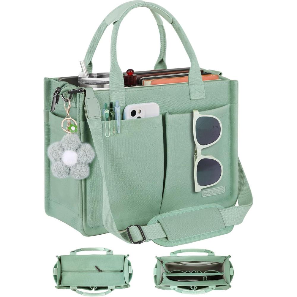 image:imageFIORETTO Womens Canvas Tote Bag Purse with Individual Compartment Zipper Top Reinforced Bottom amp Luggage SleeveMint Green