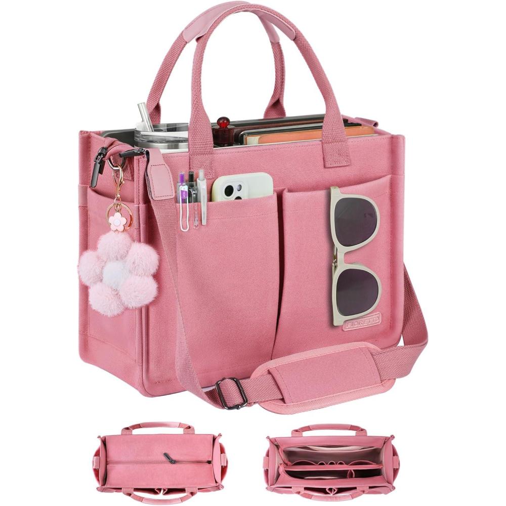 image:imageFIORETTO Womens Canvas Tote Bag Purse with Individual Compartment Zipper Top Reinforced Bottom amp Luggage SleevePink Blush