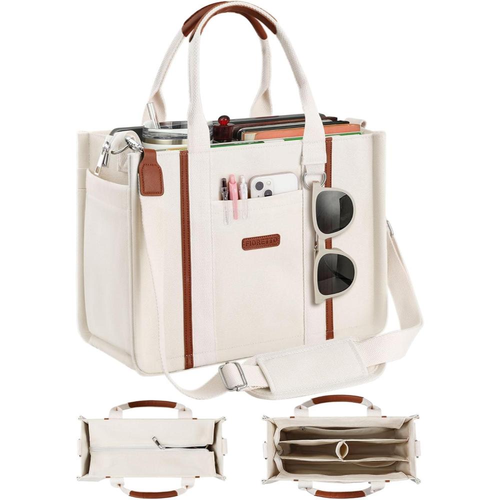 image:imageFIORETTO Womens Canvas Tote Bag Purse with Zipper Multi Compartment amp Reinforced Bottom Ideal for Work Bible TravelBeige