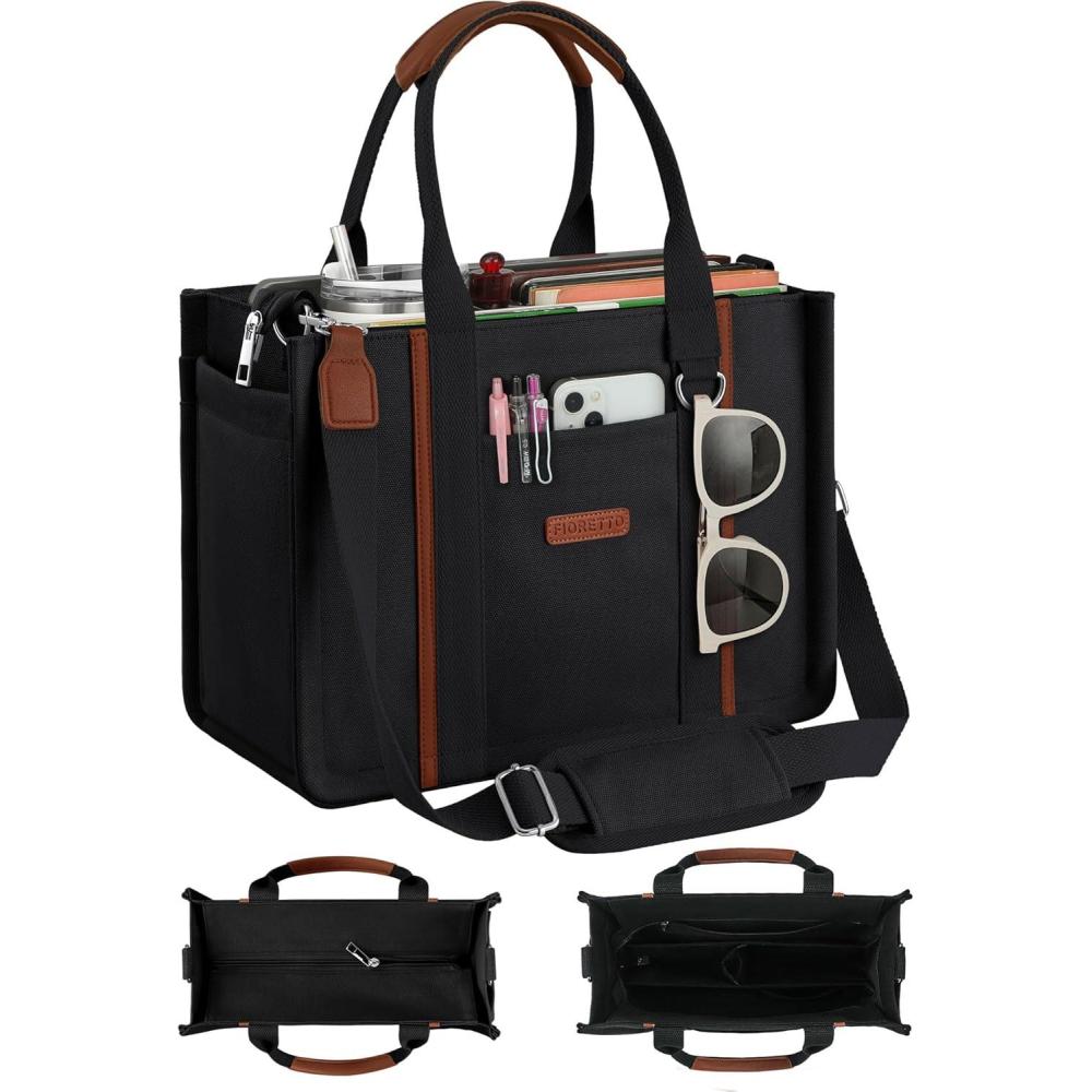 image:imageFIORETTO Womens Canvas Tote Bag Purse with Zipper Multi Compartment amp Reinforced Bottom Ideal for Work Bible TravelBlack