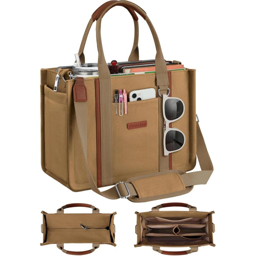 image:imageFIORETTO Womens Canvas Tote Bag Purse with Zipper Multi Compartment amp Reinforced Bottom Ideal for Work Bible TravelBrown