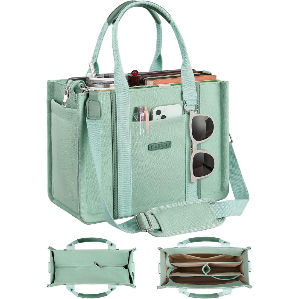 image:imageFIORETTO Womens Canvas Tote Bag Purse with Zipper Multi Compartment amp Reinforced Bottom Ideal for Work Bible TravelGreen