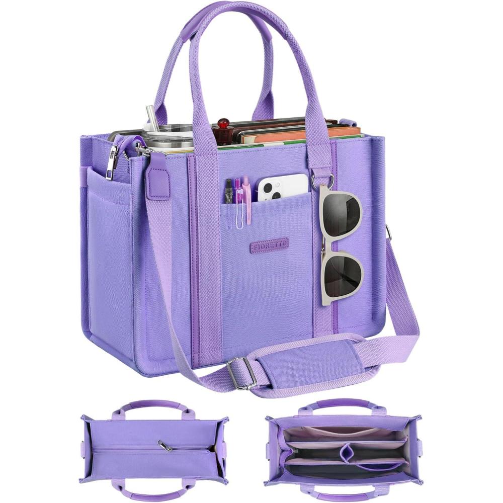 image:imageFIORETTO Womens Canvas Tote Bag Purse with Zipper Multi Compartment amp Reinforced Bottom Ideal for Work Bible TravelPurple
