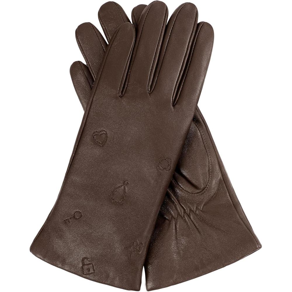 image:imageFIORETTO Womens Winter ChromeFree Sheepskin Leather Gloves Cashmere Wool Lined Touchscreen amp Embroidered W25003Brown