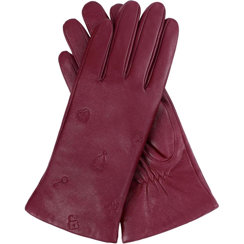 image:imageFIORETTO Womens Winter ChromeFree Sheepskin Leather Gloves Cashmere Wool Lined Touchscreen amp Embroidered W25003Burgundy