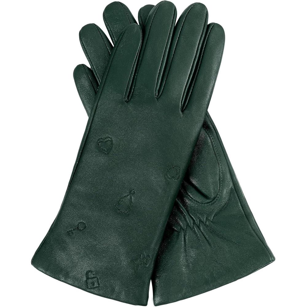 image:imageFIORETTO Womens Winter ChromeFree Sheepskin Leather Gloves Cashmere Wool Lined Touchscreen amp Embroidered W25003Green